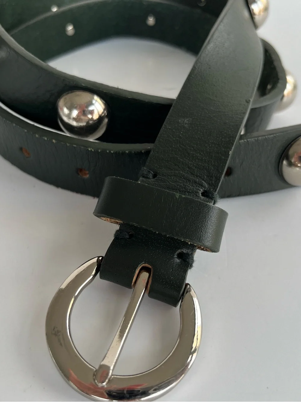 Y2K Boho inspired Dark Green Studded Leather Belt with Silver Buckle Size 36”W